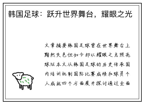 韩国足球：跃升世界舞台，耀眼之光
